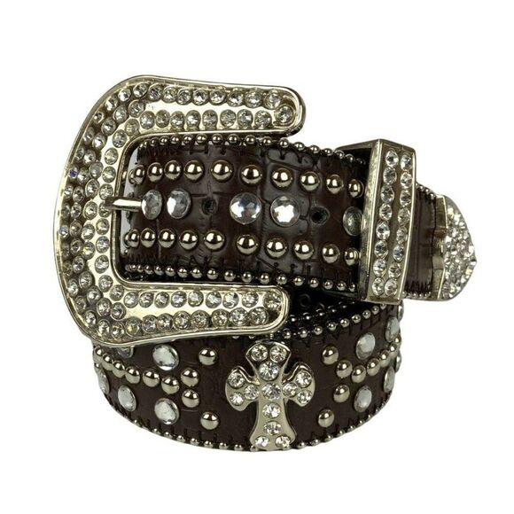 Unbranded Accessories - Ladies Western Rhinestone Belt Size S/M Brown Faux Leather Crosses Bling Cowgirl